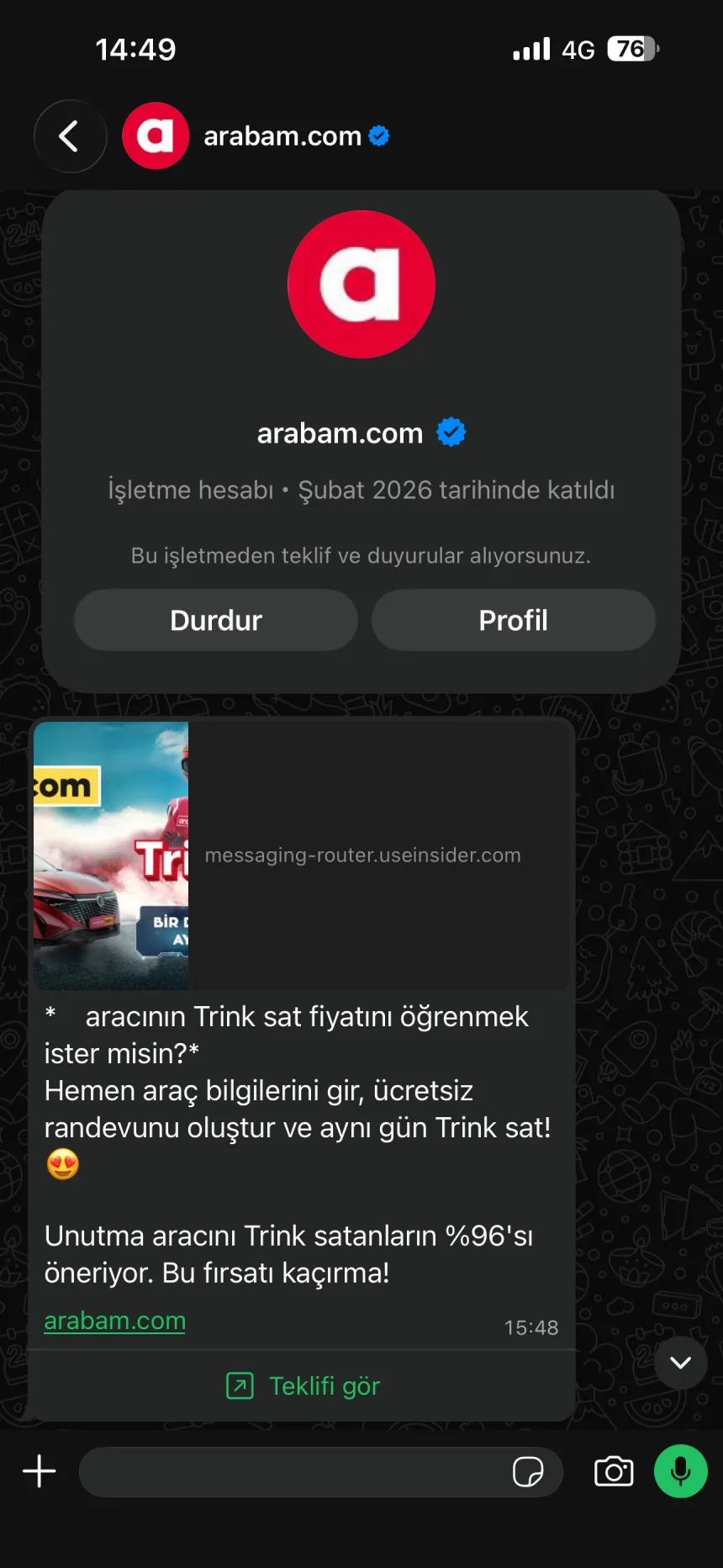arabam.com promotional message on WhatsApp