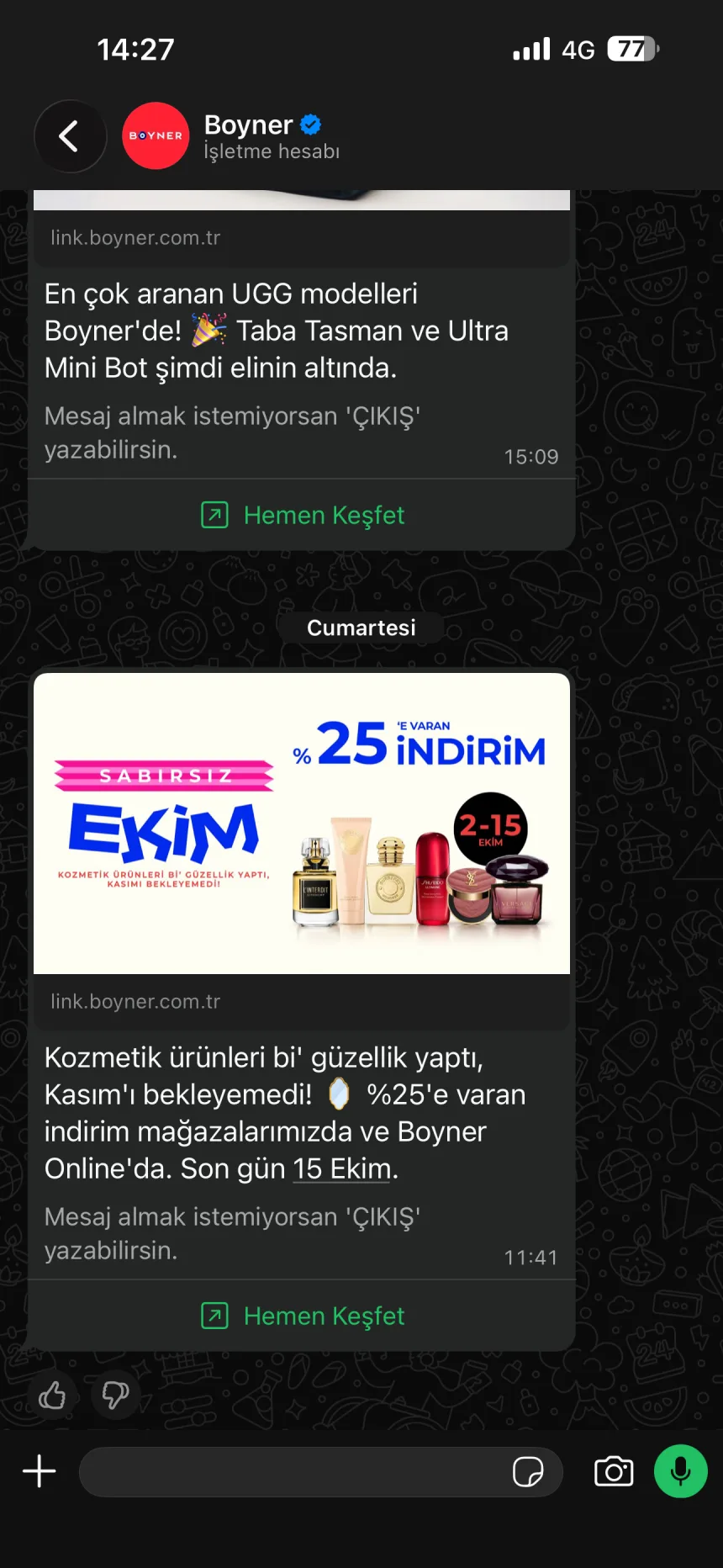 Boyner promotional campaign message on WhatsApp