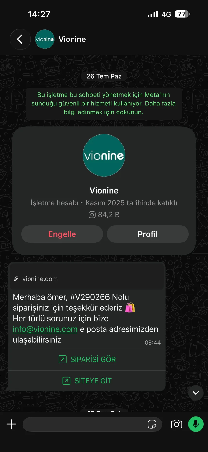 Vionine order confirmation message on WhatsApp