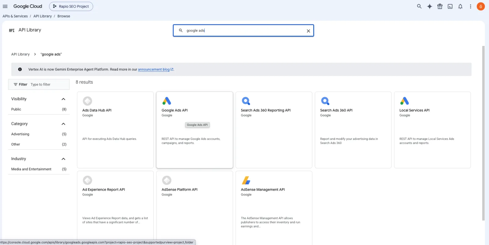 Google Cloud API Library search results for “google ads”