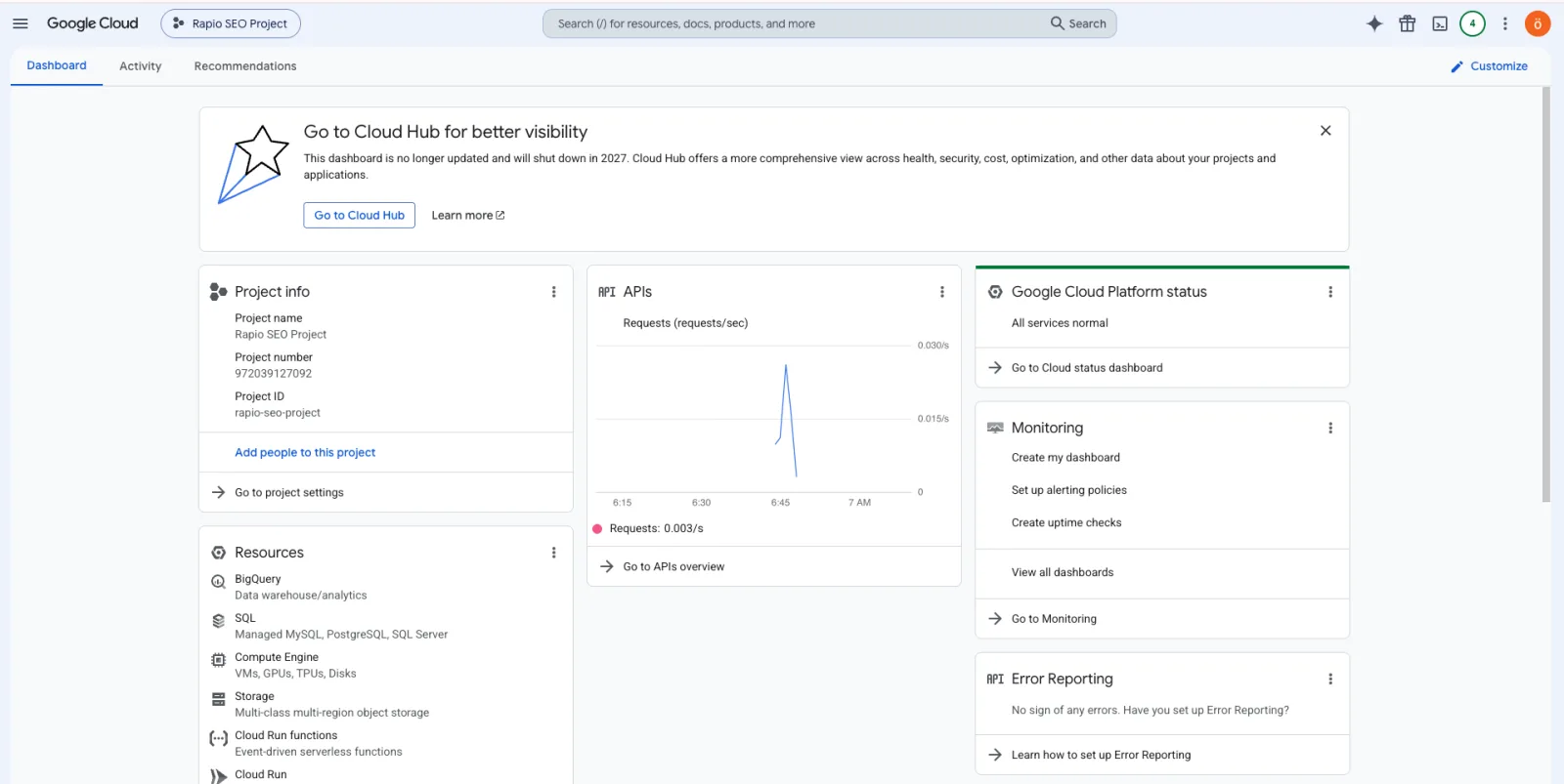 Google Cloud Console dashboard for a project
