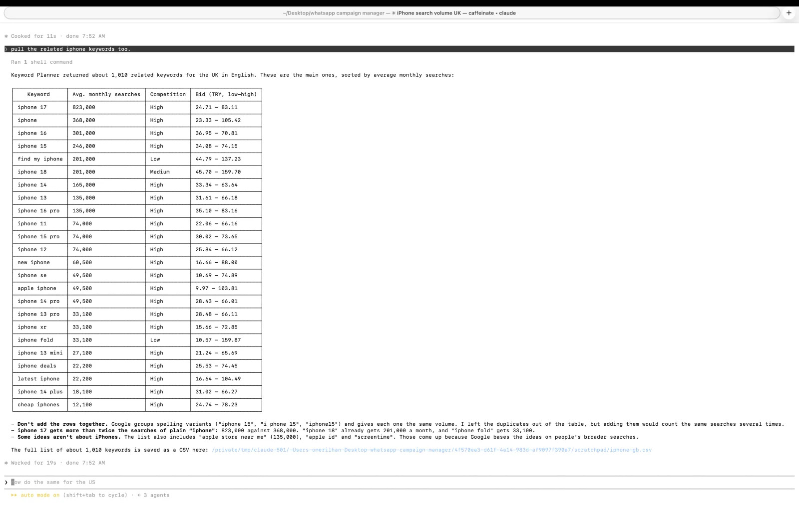 Terminal session listing related iPhone keywords in the UK with monthly searches, competition and bids, pulled through the Google Ads API